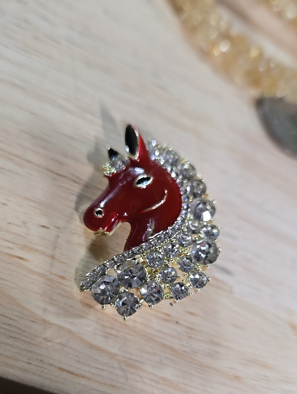 Red Enamel Horse Head Brooch with Crystal Mane